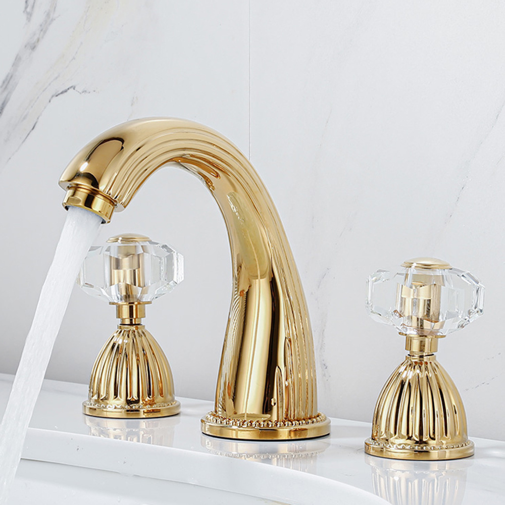 Golden Copper Three-hole Faucet Hot And Cold Washbasin Basin European Style Bathroom Three-piece Bathroom Cabinet