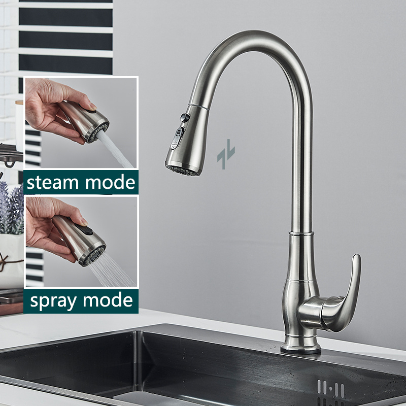 Brushed Nickel Pull Out Kitchen Faucet Hot Cold Mixer Tap 360 Swivel Spout Deck Mounted Stream Sprayer Single Hole Mixer Crane