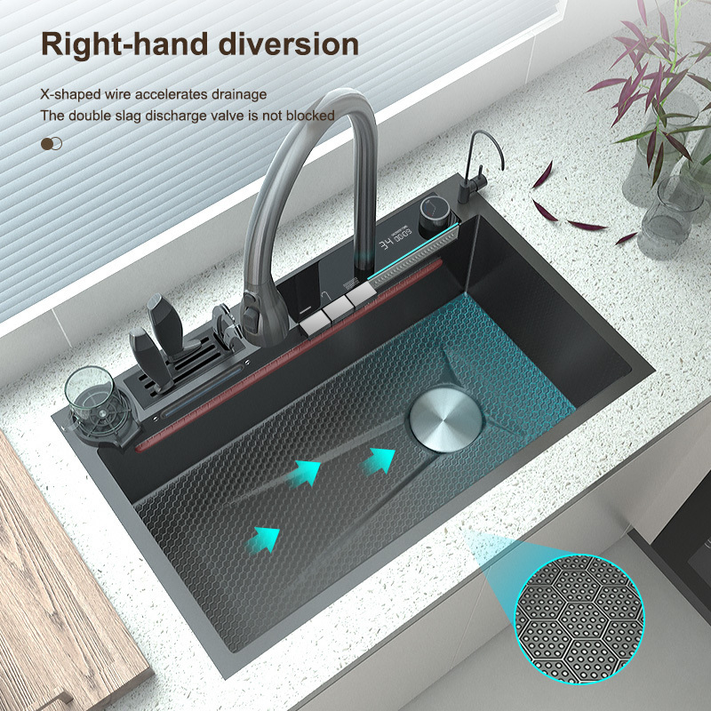 TOP1 Waterfall Kitchen Sink Multifunctional Washbasin Utensils for Kitchen Silver Carton Box Modern 304 Stainless Steel Brushed