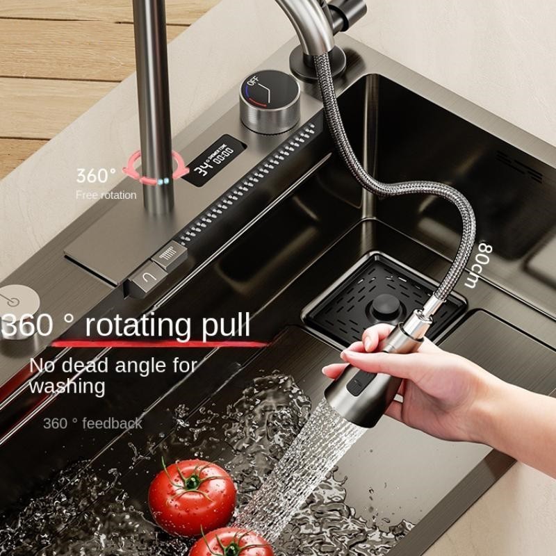 TOP1 Waterfall Sink Kitchen Sink Dishwashing Basin Multi-function Large Single Tank Kitchen Novel Kitchen Faucet Stainless Steel