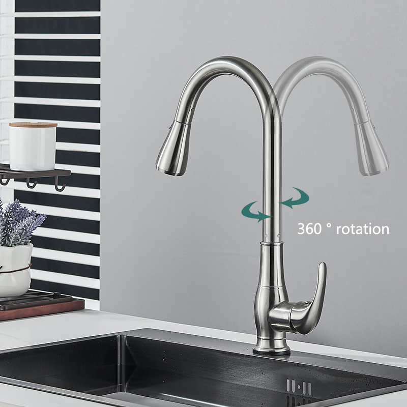 Brushed Nickel Pull Out Kitchen Faucet Hot Cold Mixer Tap 360 Swivel Spout Deck Mounted Stream Sprayer Single Hole Mixer Crane