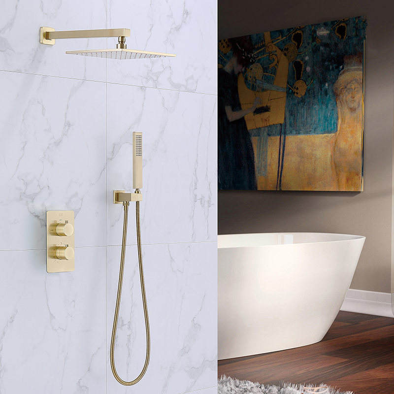 Bathroom Shower Set Rain Shower Faucet Wall Mounted Thermostatic Valve System 10" Shower Head Gold Brass White CLASSIC