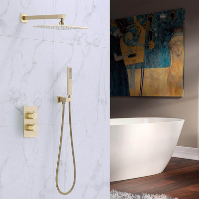 Bathroom Shower Set Rain Shower Faucet Wall Mounted Thermostatic Valve System 10&quot; Shower Head Gold Brass White CLASSIC