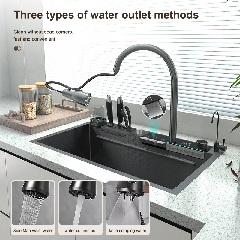 TOP1 Waterfall Kitchen Sink Multifunctional Washbasin Utensils for Kitchen Silver Carton Box Modern 304 Stainless Steel Brushed