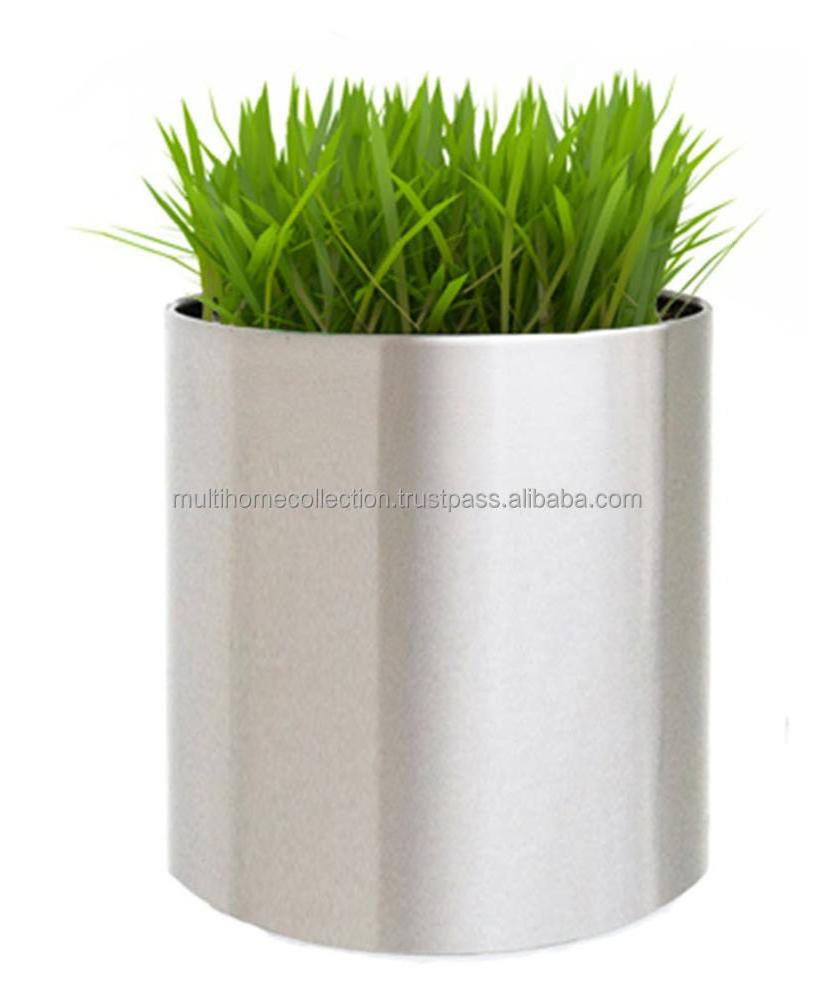 Round Cylindrical Shaped Elegant Planter Countertop Brushed Stainless Steel Metal Planters Flower Pot for Office home