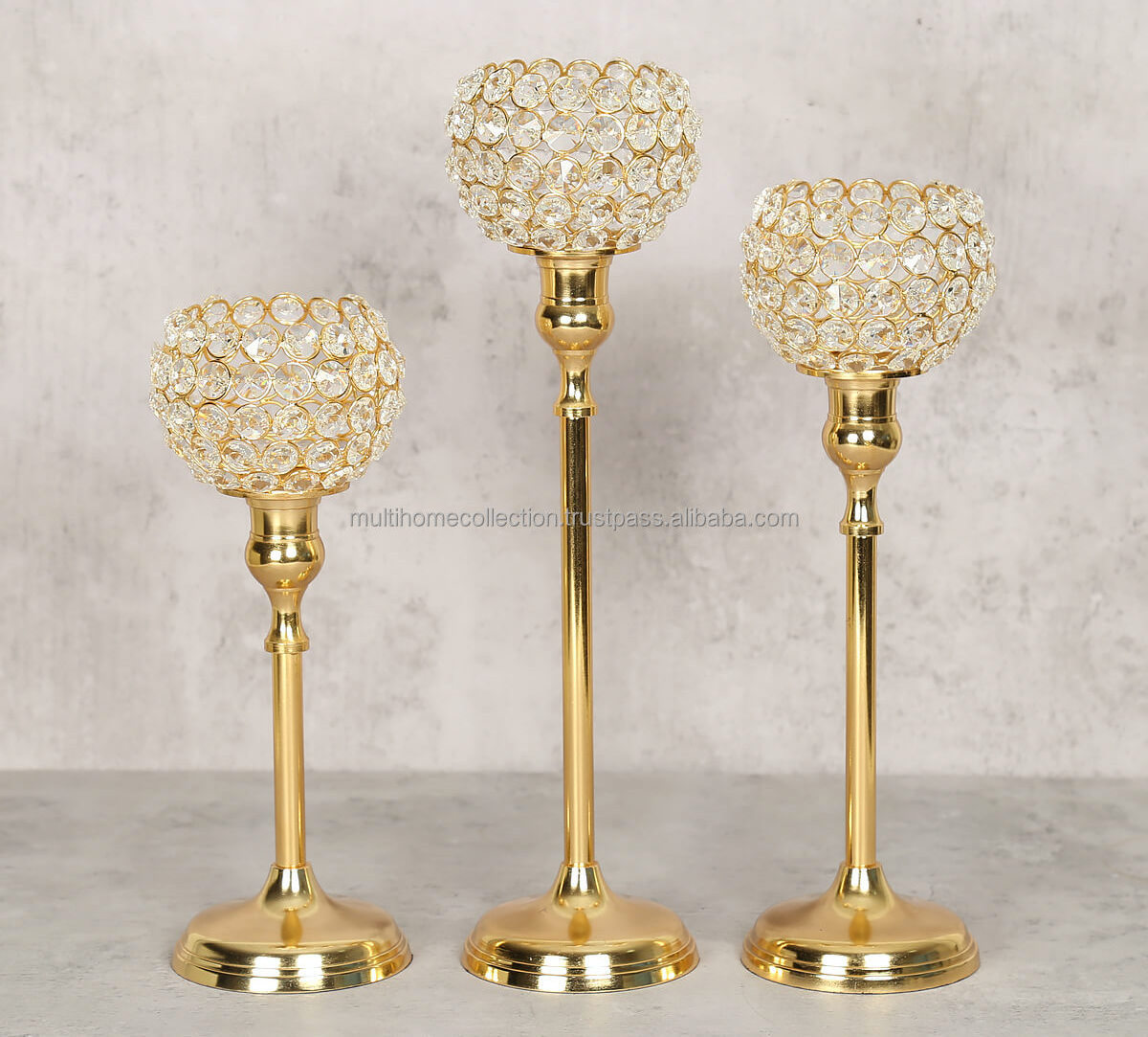 Mirror Polished Brass Gold Crystal Candle Holder Trending Design Hot Demanded Made in India Votive Candle Stand Set Of 3