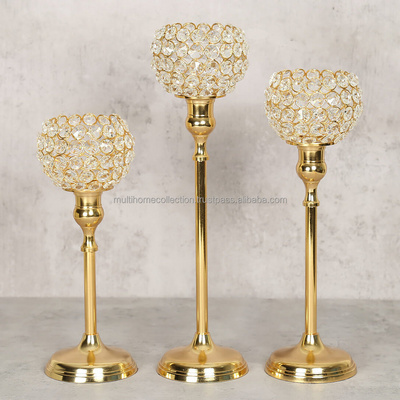 Mirror Polished Brass Gold Crystal Candle Holder Trending Design Hot Demanded Made in India Votive Candle Stand Set Of 3