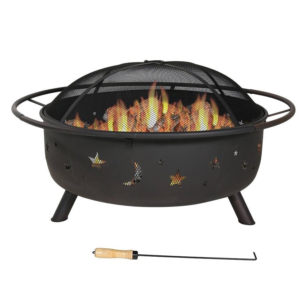 Round Metal Firepit  Wood Burning Pit Includes Spark Screen and Log Poker