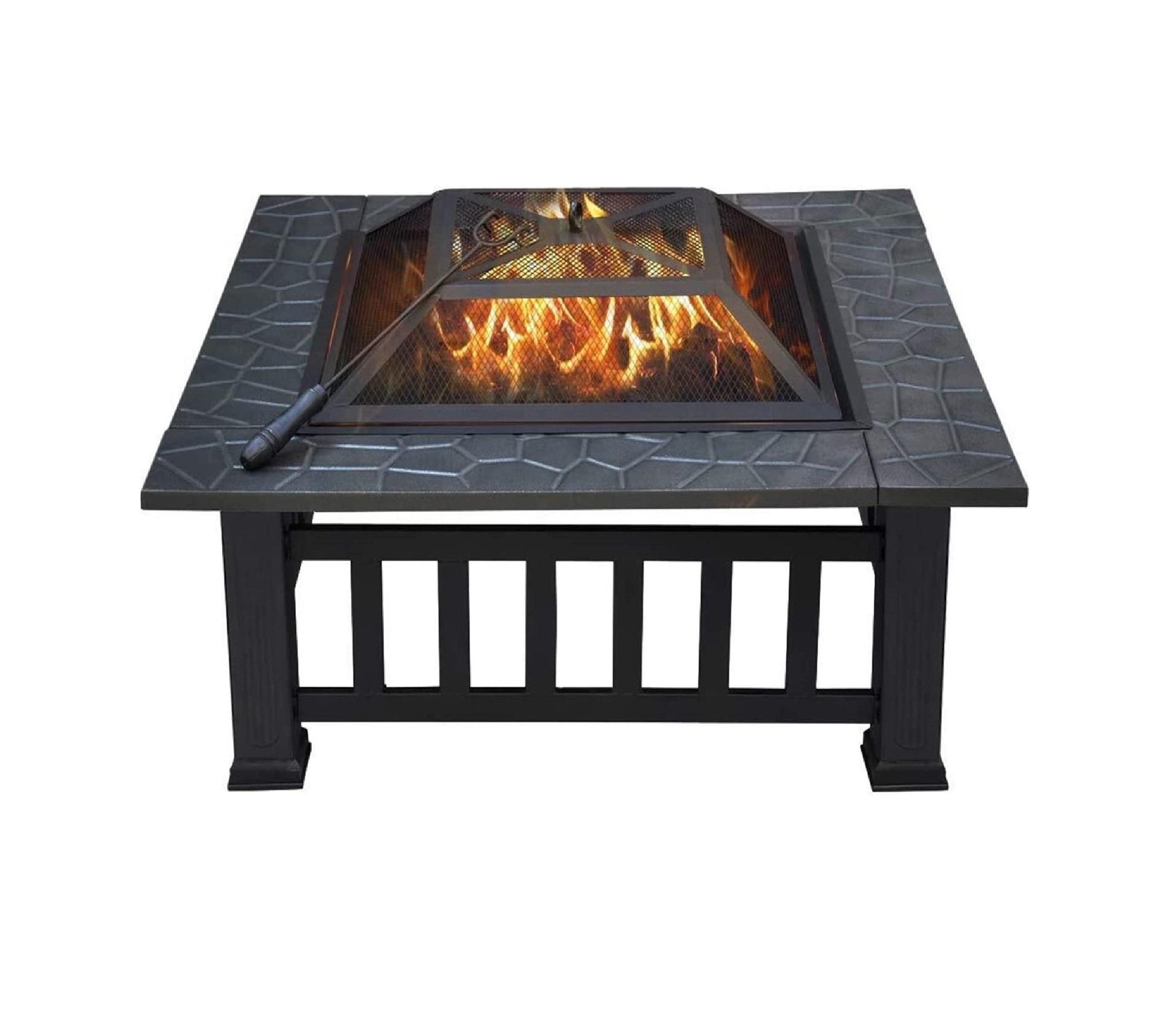 Outdoor Metal Firepit Square Table Backyard Patio Garden Stove Wood Burning Fire Pit with Spark Screen Log Poker and Cove