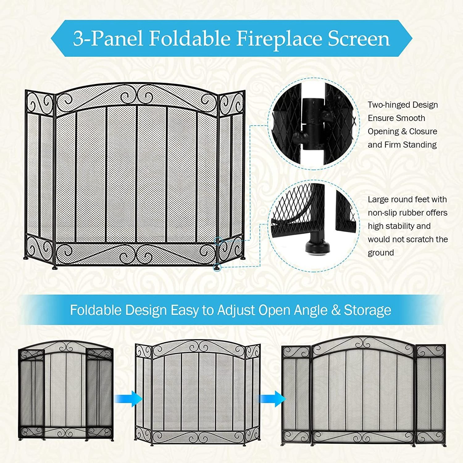 Unique Black Iron Material Fireplace Wind Guard Square three panel Fireplace Fence Spark Guard