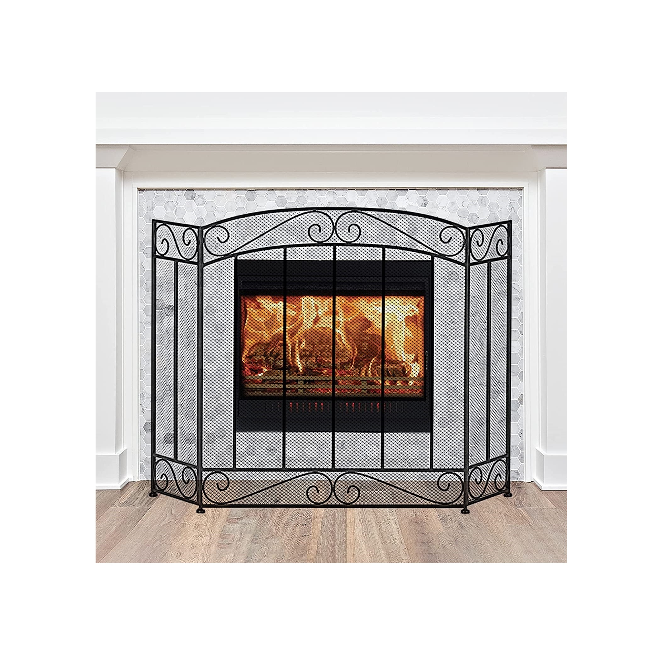 Unique Black Iron Material Fireplace Wind Guard Square three panel Fireplace Fence Spark Guard