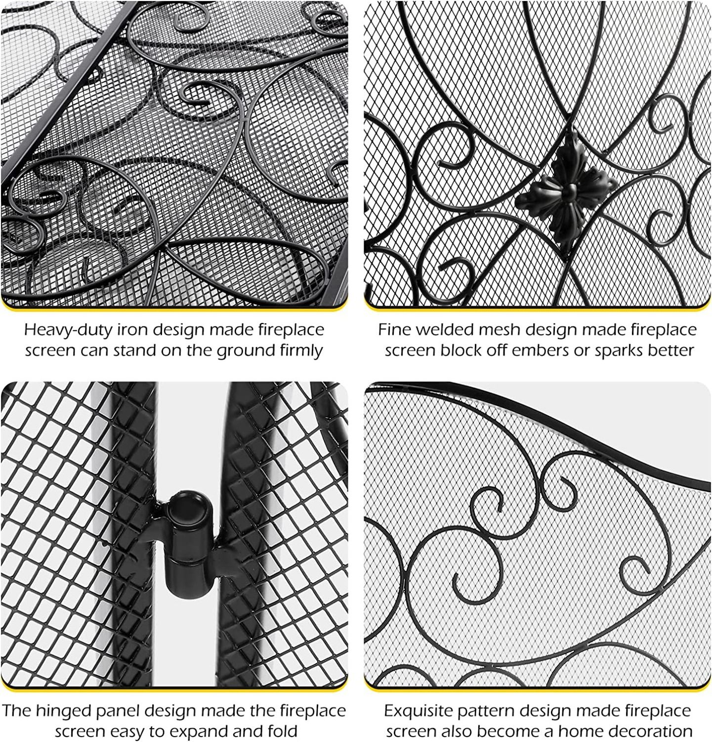 Fireplace Screen 3 Panel Black Wrought Iron Fireplace Screens with Door Fire Spark Guard Grate for Fire Pit Fireplace