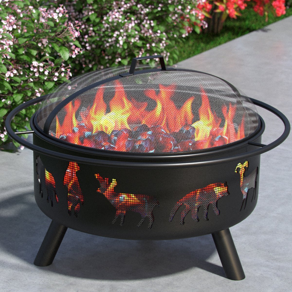 Fire Pit Table Outdoor Square Bowl Wood Burning Fireplace Garden Backyard Firepit Poker Spark Screen Log Grate Grill Mesh Lid