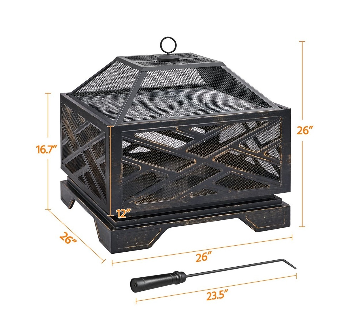 Outdoor Fire Pit Iron Square Wood Burning Fireplace Backyard Firepit for Patio BBQ Camping Bonfire with Mesh Cover Grill