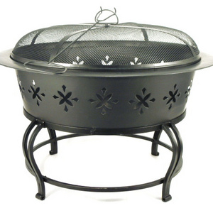 High Quality Metal Black Fire Pit Round Bowl With Mesh Lid Cover and Poker Stick For Outdoor Decor