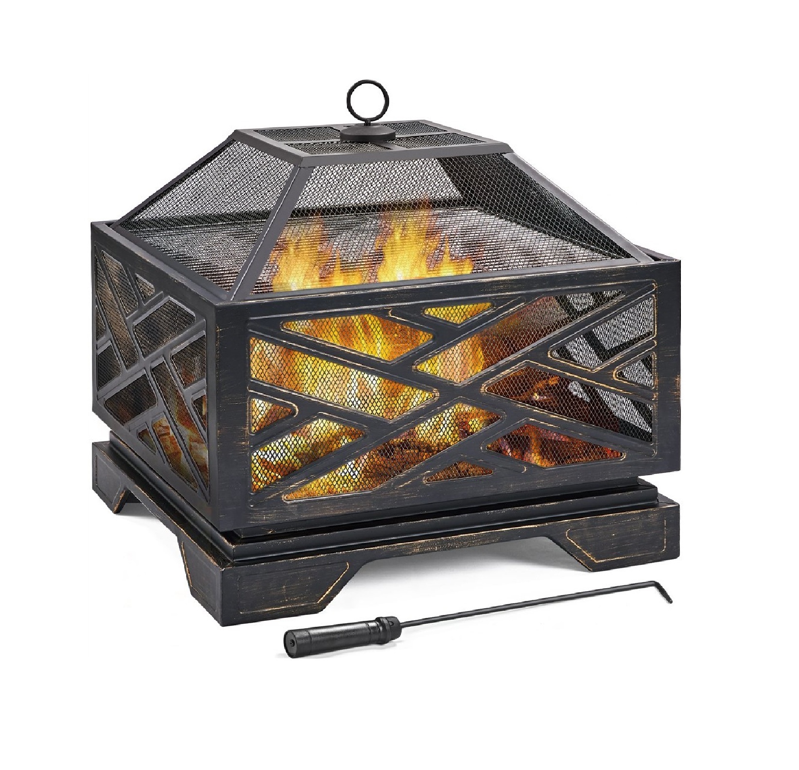 Outdoor Fire Pit Iron Square Wood Burning Fireplace Backyard Firepit for Patio BBQ Camping Bonfire with Mesh Cover Grill