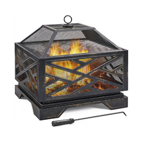 Outdoor Fire Pit Iron Square Wood Burning Fireplace Backyard Firepit for Patio BBQ Camping Bonfire with Mesh Cover Grill