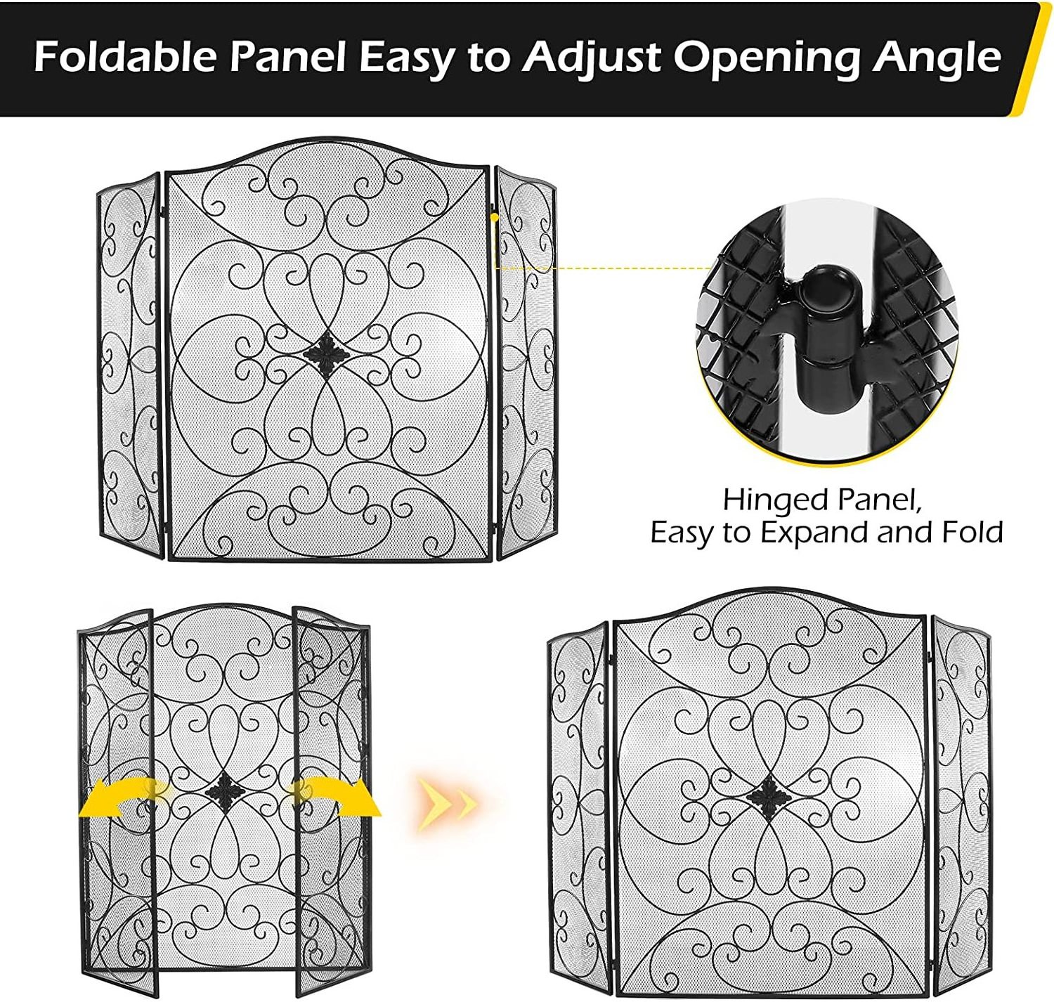 Fireplace Screen 3 Panel Black Wrought Iron Fireplace Screens with Door Fire Spark Guard Grate for Fire Pit Fireplace