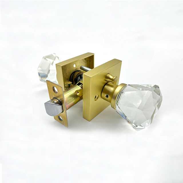 Satin Brass Crystal Glass Door Knob Interior With Lock Privacy Bathroom Bedroom Door Lock