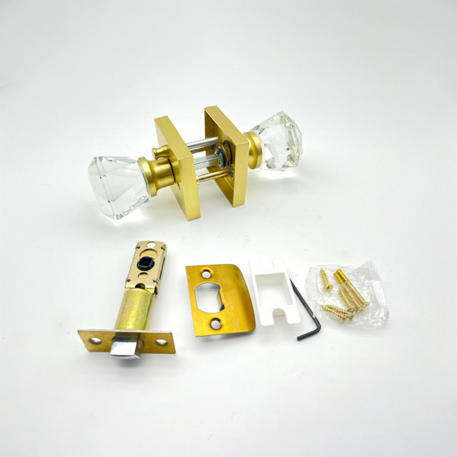 Satin Brass Crystal Glass Door Knob Interior With Lock Privacy Bathroom Bedroom Door Lock