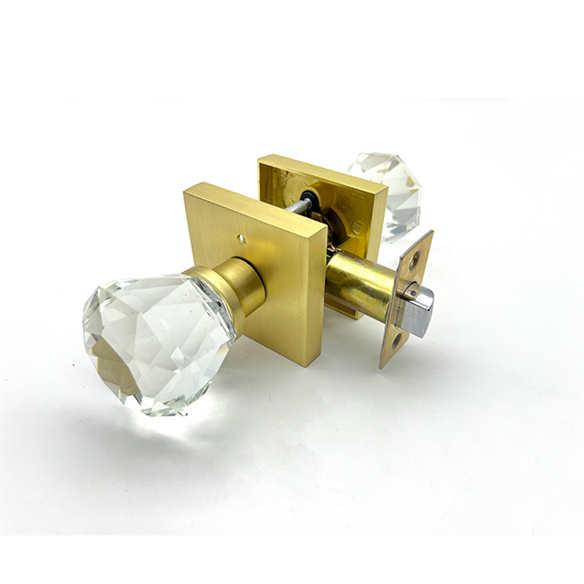 Satin Brass Crystal Glass Door Knob Interior With Lock Privacy Bathroom Bedroom Door Lock