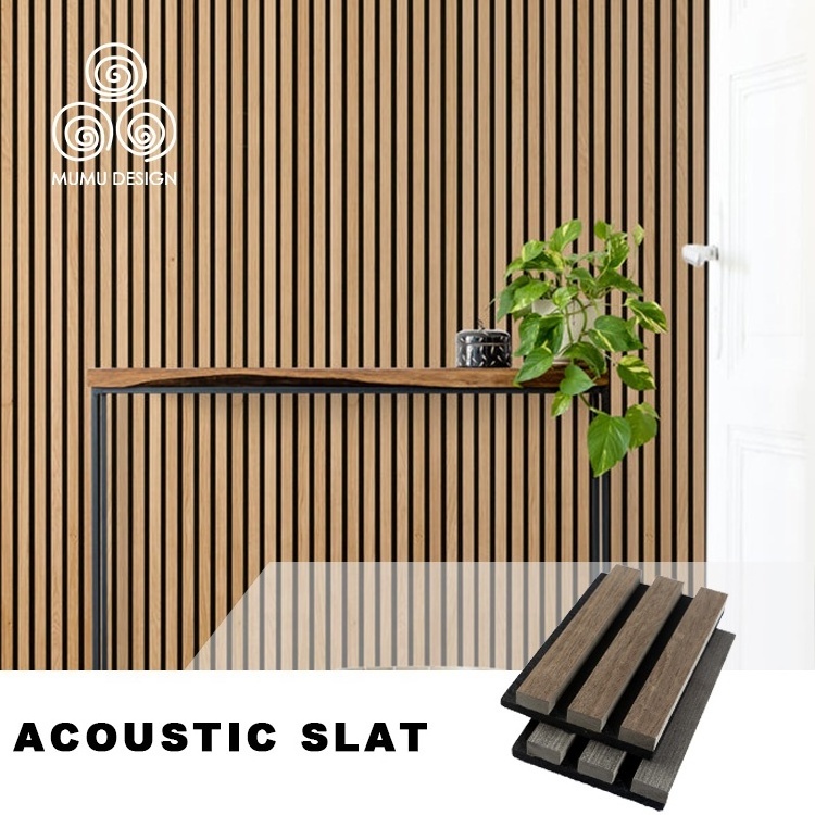 MUMU Natural Walnut Wood Ceiling Board Polyester Fiber MDF Soundproof Material Wooden Wall Slat Acoustic Panels