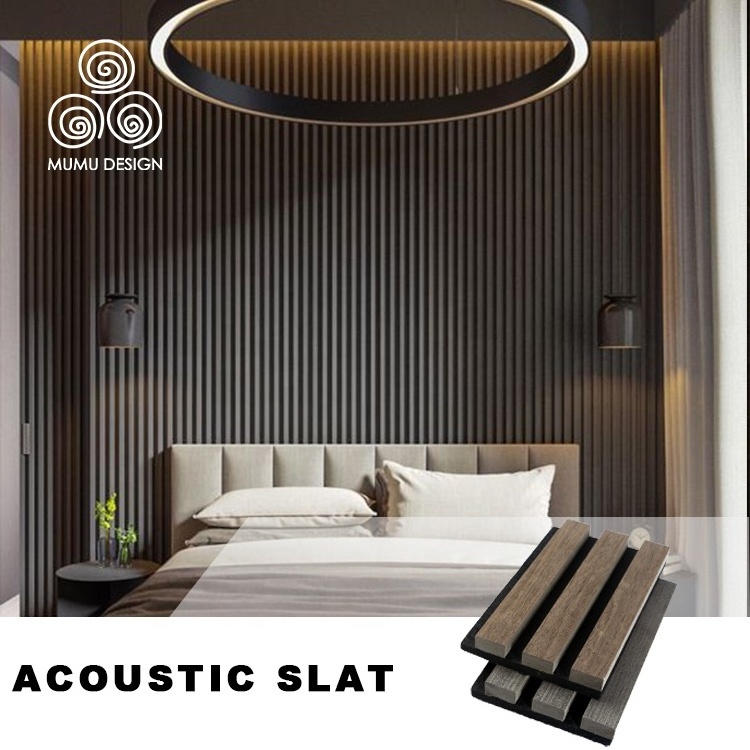 MUMU Natural Walnut Wood Ceiling Board Polyester Fiber MDF Soundproof Material Wooden Wall Slat Acoustic Panels