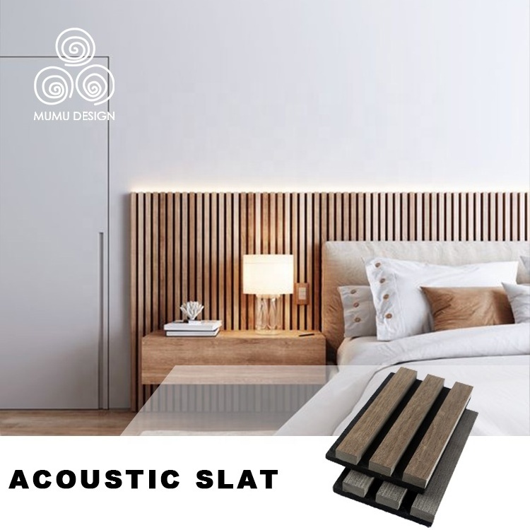 MUMU Natural Walnut Wood Ceiling Board Polyester Fiber MDF Soundproof Material Wooden Wall Slat Acoustic Panels