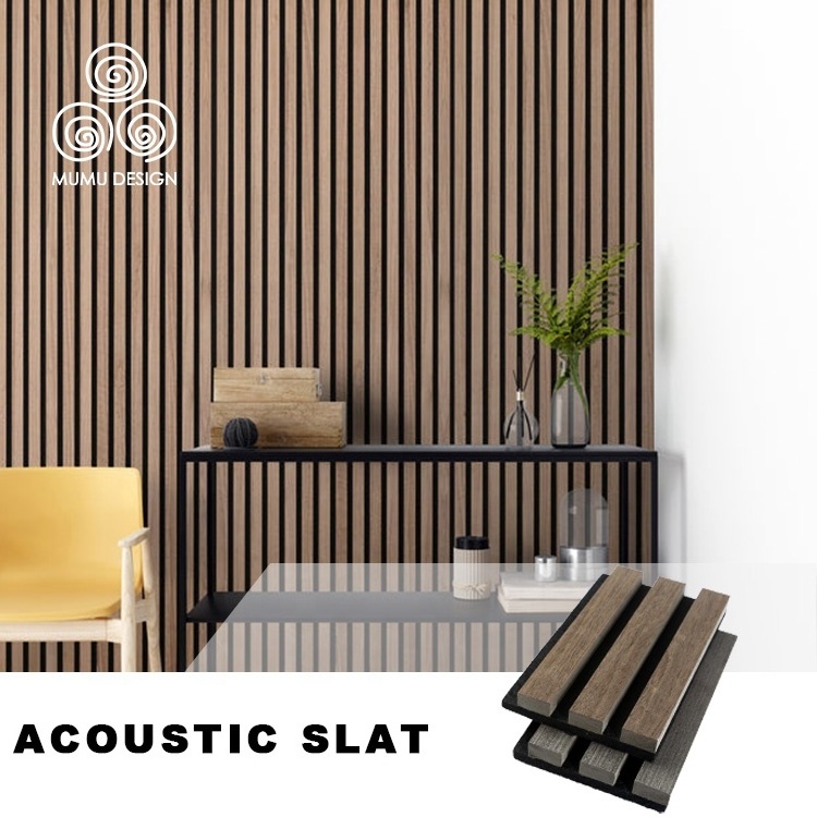 MUMU Natural Walnut Wood Ceiling Board Polyester Fiber MDF Soundproof Material Wooden Wall Slat Acoustic Panels