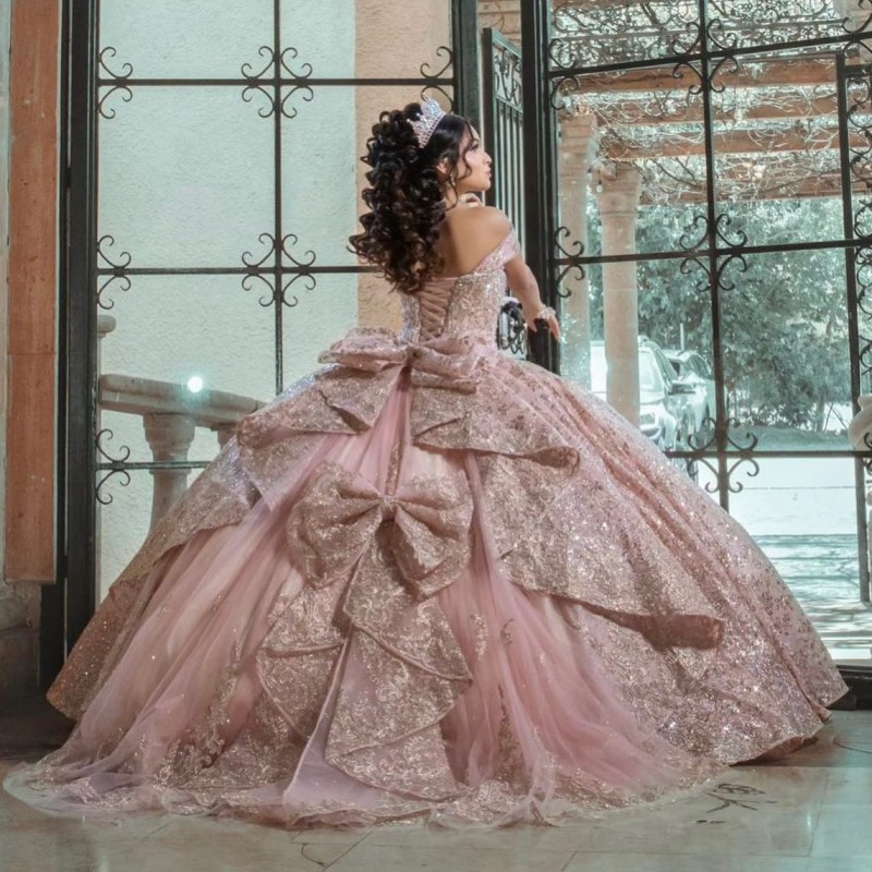 Mumuleo Pink Ball Gown Quinceanera Dress 2023 Tulle Appliques Flowers Bow Off Shoulder Sweet 15 16 Years Birthday Party Formal