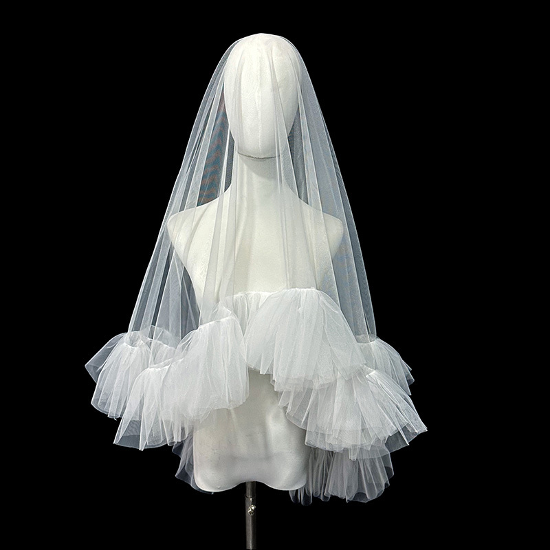 Mumuleo Elegant Wedding Bridal Veil Soft Tulle Ruffled Edge Covering Face Off White Sister Brides Handmade Veil 1.5M