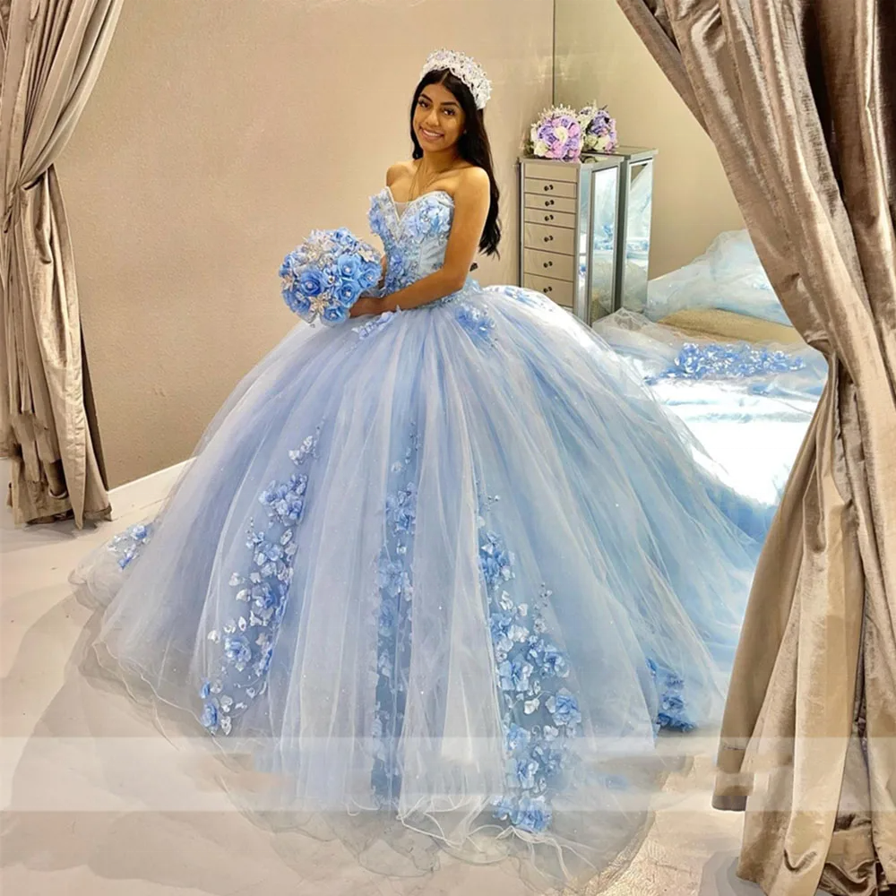 Mumuleo Skly Blue Ball Gown Prom Dress Quinceanera Dress Sweetheart Beaded 3D Flowers Formal Dresses vestidos de 15 quinceanera