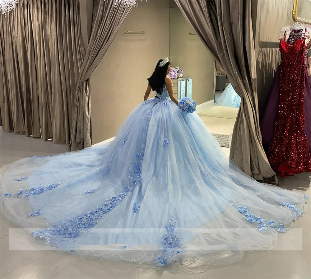 Mumuleo Skly Blue Ball Gown Prom Dress Quinceanera Dress Sweetheart Beaded 3D Flowers Formal Dresses vestidos de 15 quinceanera