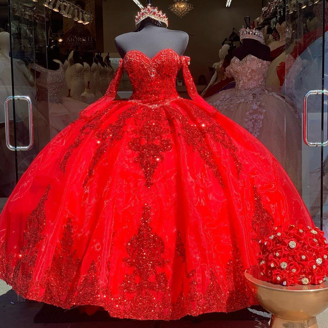 Mumuleo Sparkly Red Sequin Sweet 16 Ball Gown Quinceanera Dresses Sequins Long Sleeve Corset Vestido De 15 Anos Quinceanera