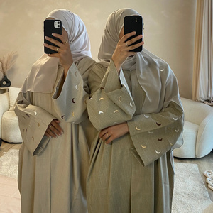 2024 New Turkey EID Modest Dubai Abaya for Girl Kimono Muslim Women Dress Custom Cute Moon Embroidery Sleeves Linen Open Abay