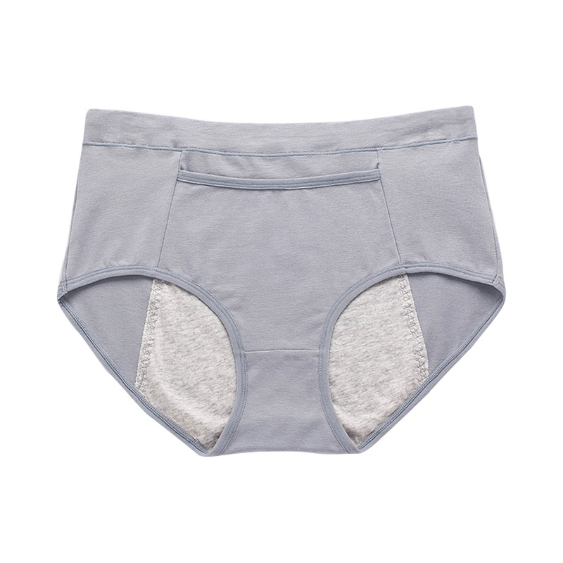 Women Solid Color High Waist Leak Proof Menstrual Cotton Sanitary Period Panties with Pocket