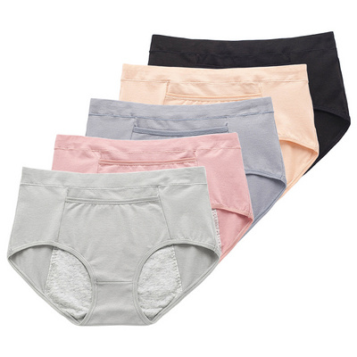 Women Solid Color High Waist Leak Proof Menstrual Cotton Sanitary Period Panties with Pocket