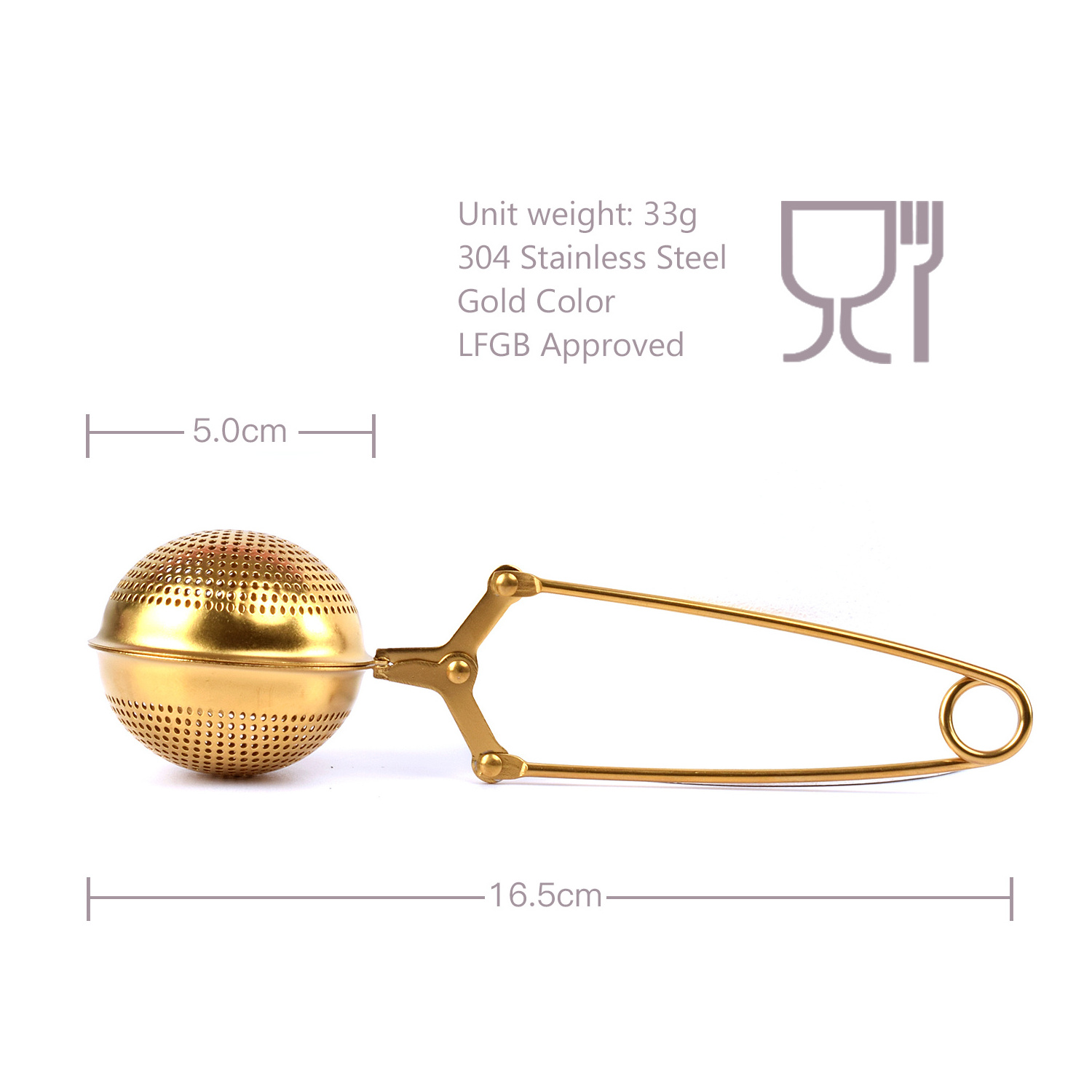 Hinge and Clamp Style Stainless Steel Gold Tea Filter Ball Shape Tea Infuser Strainer