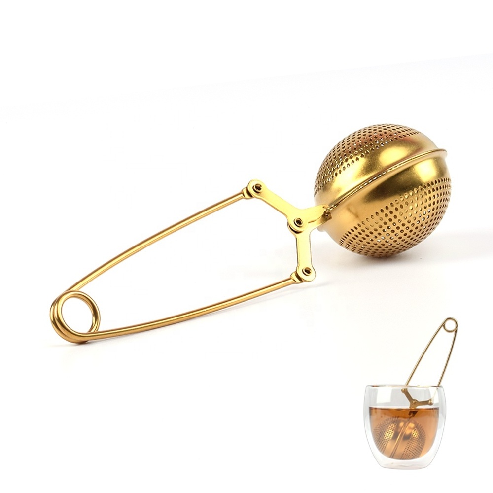 Hinge and Clamp Style Stainless Steel Gold Tea Filter Ball Shape Tea Infuser Strainer