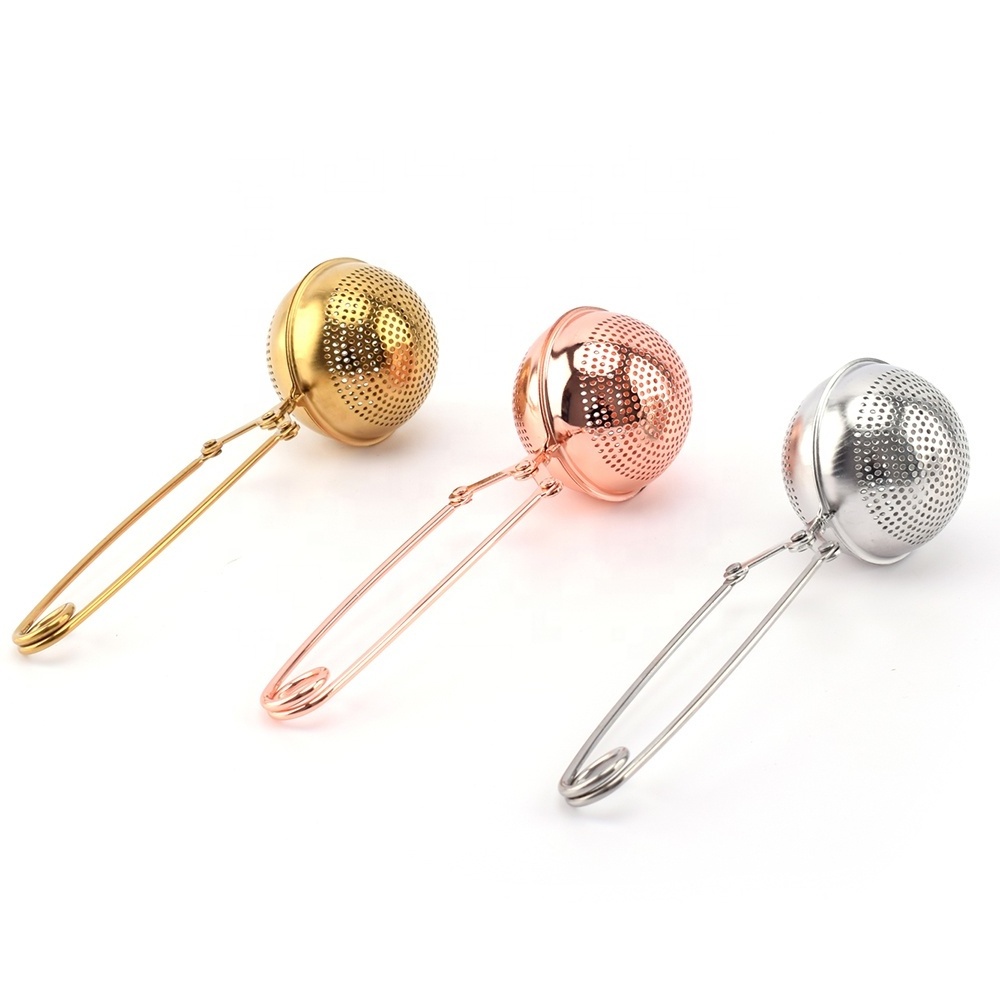 Hinge and Clamp Style Stainless Steel Gold Tea Filter Ball Shape Tea Infuser Strainer