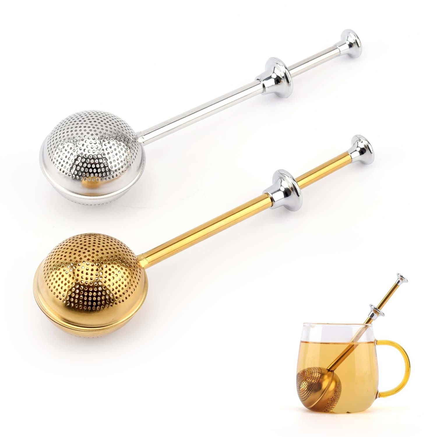 AMZ Hot 304 Stainless Steel Tea Diffuser Gold Tea Strainer Infuser with a Spring-loaded Opening