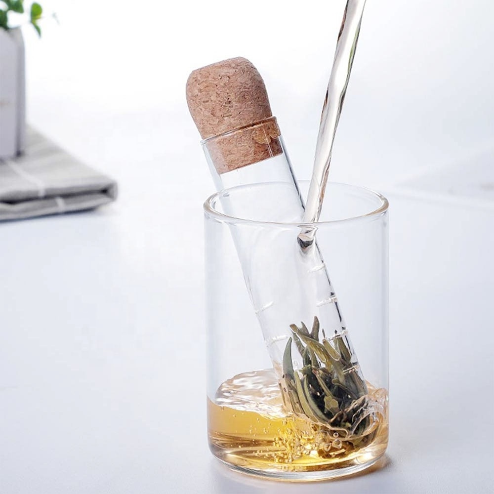 Latest design Tube Shape Borosilicate Glass Tea Infuser Strainer with Cork Lid