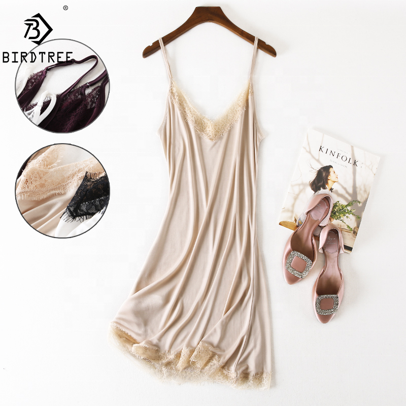 Birdtree Summer Natural Silk Tank Dress Women Knit Lace Adjustable Strap Sleeveless Slim Mini Pajama Dresses New 2023 D36322JM