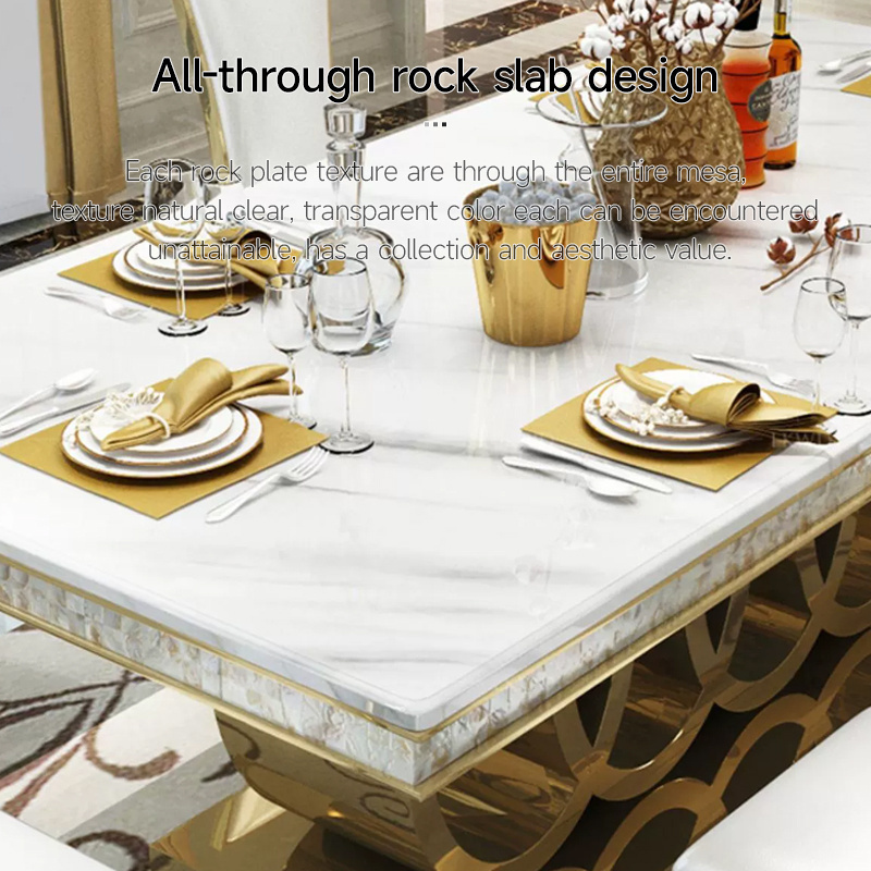 Morden design marble top dining table and 6 chairs metal dining room furniture set for dining room