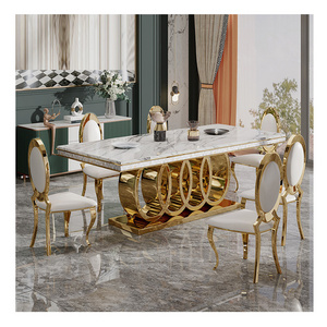 Morden design marble top dining table and 6 chairs metal dining room furniture set for dining room