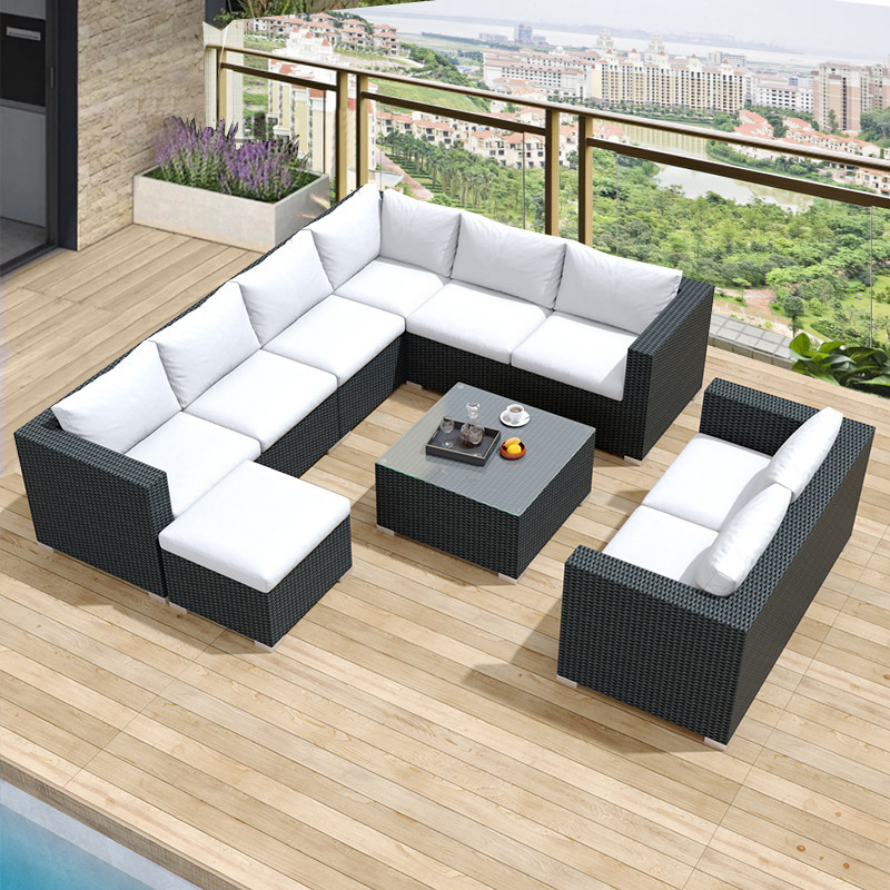 Patio Furniture Sets Outdoor Sectional Patio Sofa Manual Weaving Wicker Rattan Garden Sofas With Cushion and Glass Table