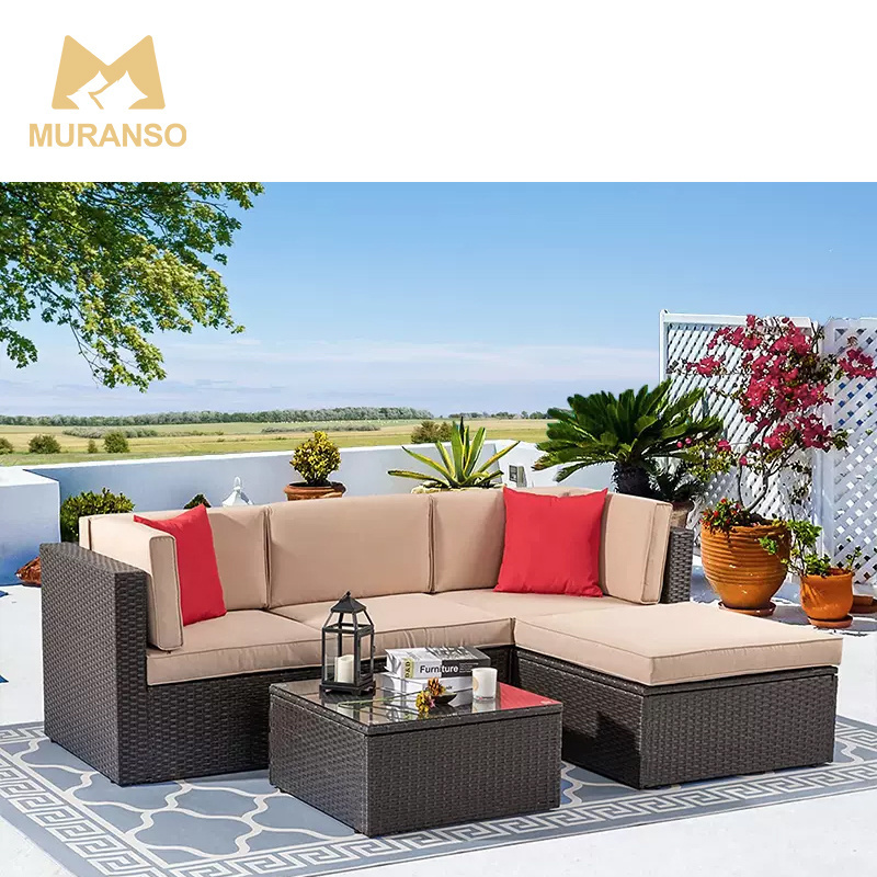 Patio Furniture Sets Outdoor Sectional Patio Sofa Manual Weaving Wicker Rattan Garden Sofas With Cushion and Glass Table