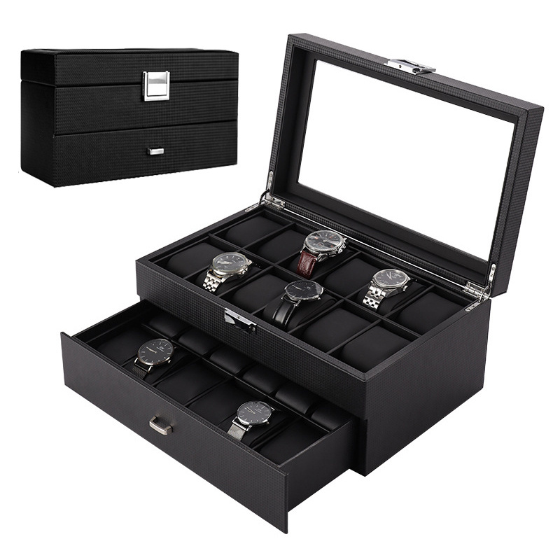 20 slots glass window two layers drawer stainless steel lock luxury leather watch box carbon