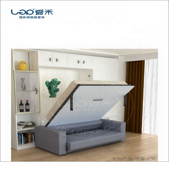 king size vertical murphy bed with luxury sofa,folding bed with bookshelf, transformable smart bedroom furniture set