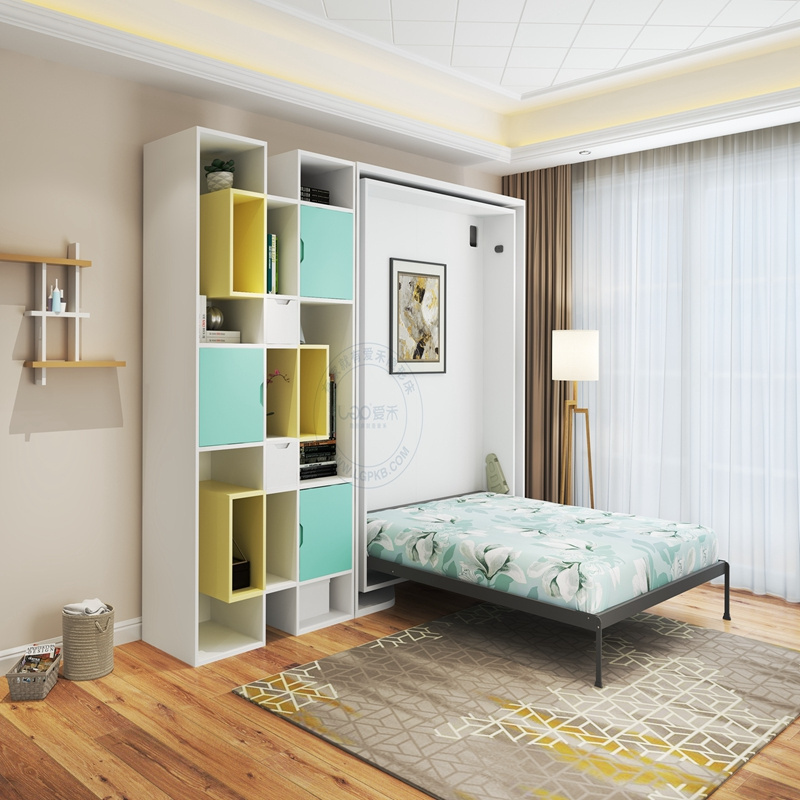 Hidden wall bed Folding rotating bed Bookshelf Murphy bed with wardrobe with bookshelf multifunctional rotatable